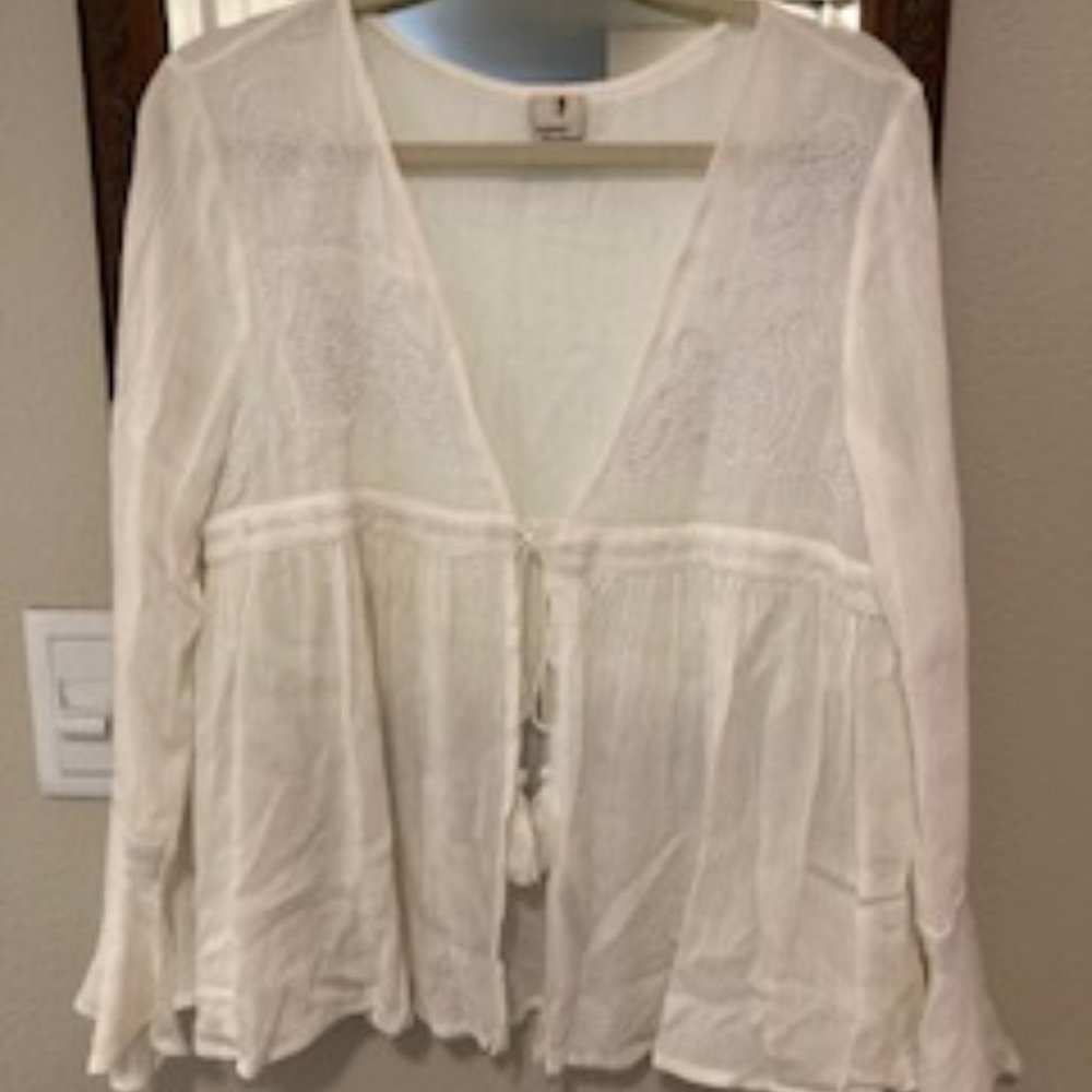Cover Stitched Off White/Cream Boho Gauze Top - M